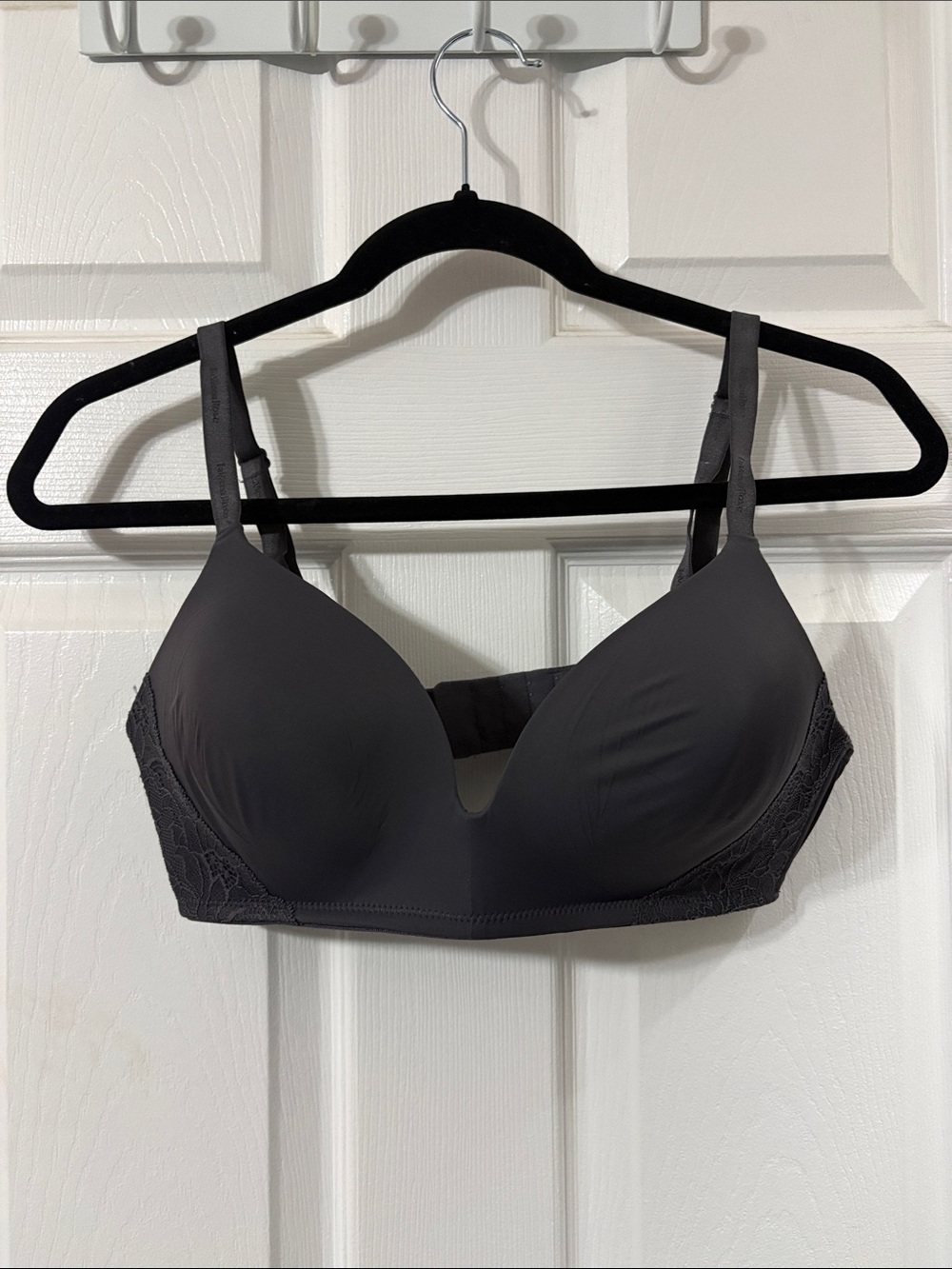 Women's Gray Molded Cup Bra with Lace Side Panels wireless